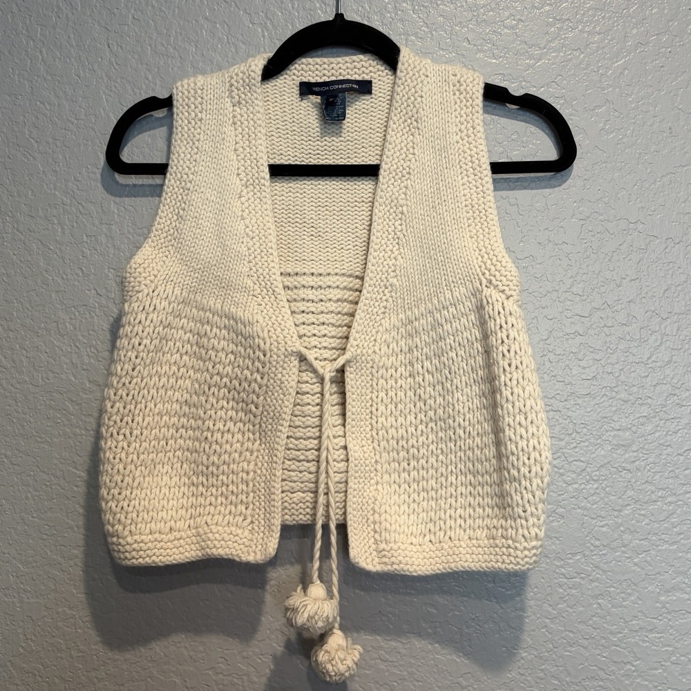 French Connection Mohair-Wool Blend Tie-Front Knit Vest Cream Boho Y2K Sz S/M